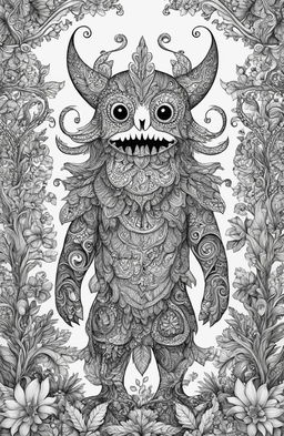 A high-quality black and white digital drawing designed as a coloring page, featuring a whimsical and detailed monster in the style of Johanna Basford