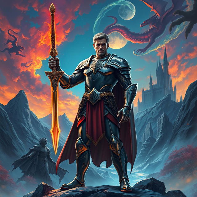 A heroic male figure standing tall and confident in a vibrant fantasy landscape, embodying the classic themes of good versus evil