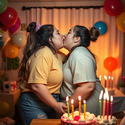 An intimate and romantic scene of a chubby 18-year-old girl celebrating her birthday with her girlfriend
