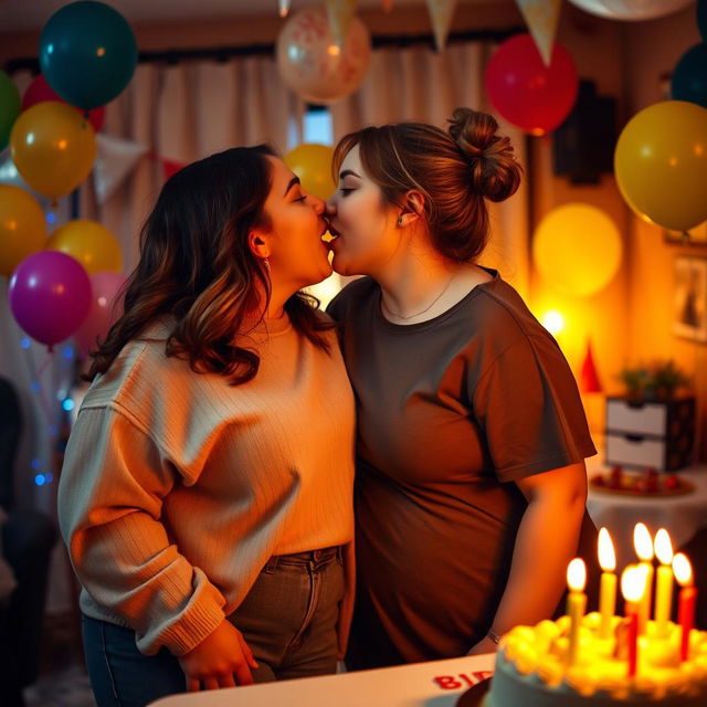 An intimate and romantic scene of a chubby 18-year-old girl celebrating her birthday with her girlfriend