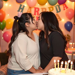 An intimate and romantic scene of a chubby 18-year-old girl celebrating her birthday with her girlfriend