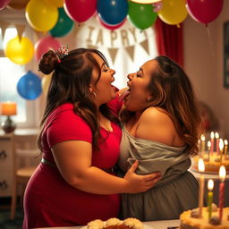 An intimate and romantic scene of a chubby 18-year-old girl celebrating her birthday with her girlfriend