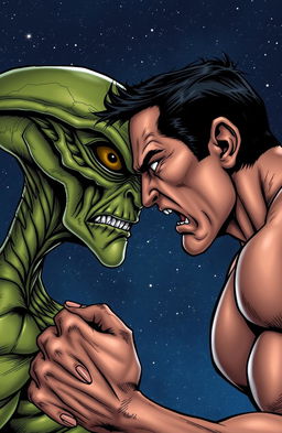 A side profile of an alien and a man, both displaying angry expressions
