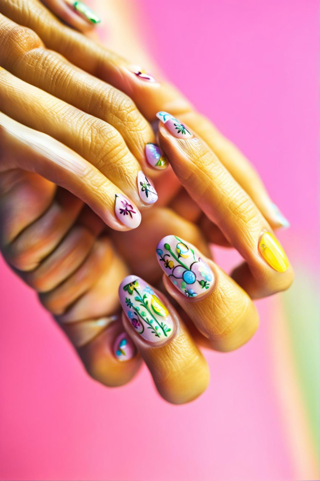 A high-definition photograph showcasing elaborate Easter-themed nail art against a pastel gradient backdrop