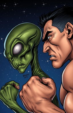 A side profile of an alien and a man, both displaying angry expressions