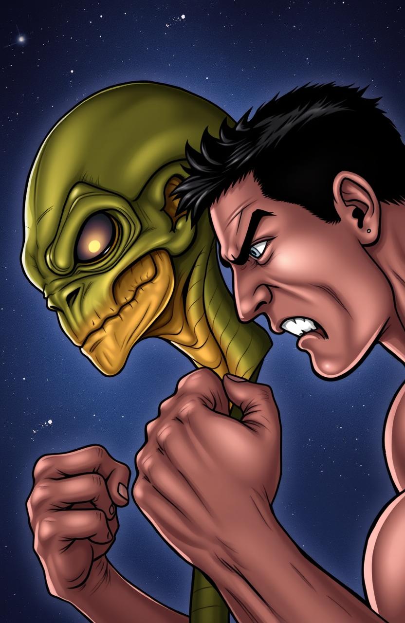 A side profile of an alien and a man, both displaying angry expressions