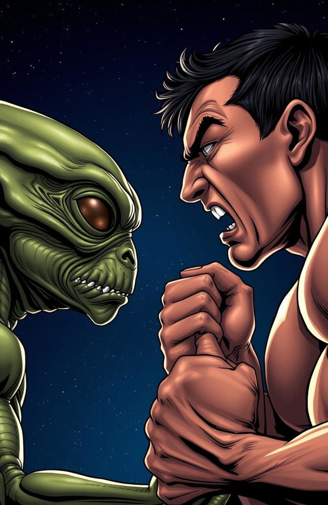 A side profile of an alien and a man, both displaying angry expressions