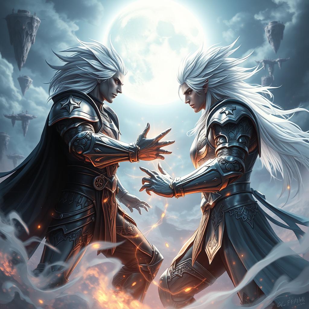 A male hero with striking white hair, clad in intricate silver armor, faces off against a dark reflection of himself in a mystical fantasy setting