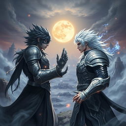 A male hero with striking white hair, clad in intricate silver armor, faces off against a dark reflection of himself in a mystical fantasy setting