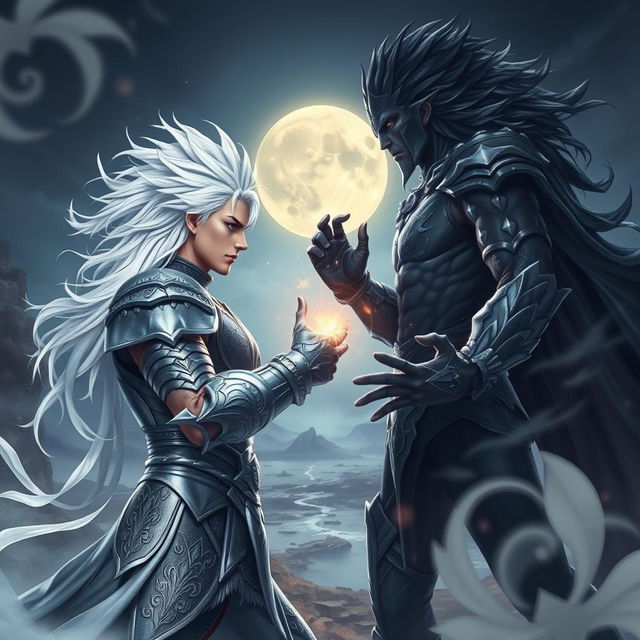 A male hero with striking white hair, clad in intricate silver armor, faces off against a dark reflection of himself in a mystical fantasy setting