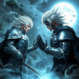 A male hero with striking white hair, clad in intricate silver armor, faces off against a dark reflection of himself in a mystical fantasy setting