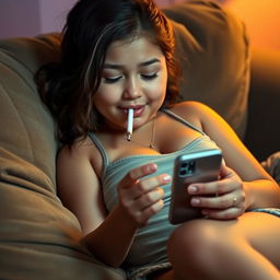 An 18-year-old chubby girl lounging comfortably on a plush couch, with a cigarette dangling from her lips