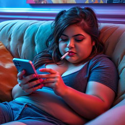 An 18-year-old chubby girl lounging comfortably on a plush couch, with a cigarette dangling from her lips