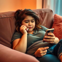 An 18-year-old chubby girl lounging comfortably on a plush couch, with a cigarette dangling from her lips