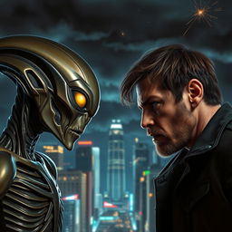 A thrilling face-off between an alien and a man, both depicted in intense expressions of determination