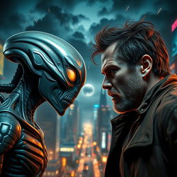 A thrilling face-off between an alien and a man, both depicted in intense expressions of determination