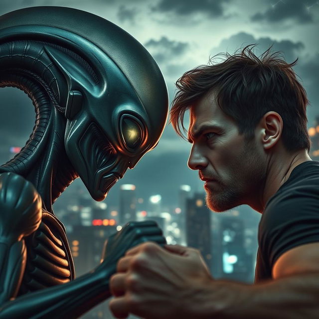 A thrilling face-off between an alien and a man, both depicted in intense expressions of determination