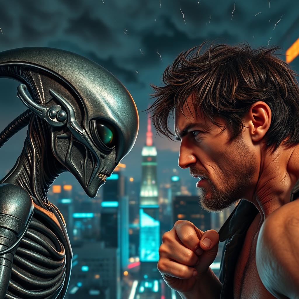 A thrilling face-off between an alien and a man, both depicted in intense expressions of determination