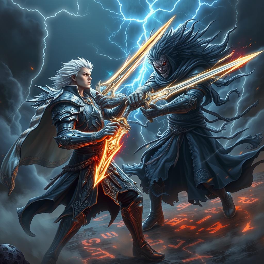 A male hero with striking white hair engaged in an epic battle against a dark mirror image of himself in a fantasy setting