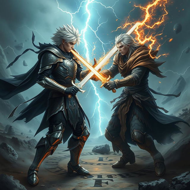 A male hero with striking white hair engaged in an epic battle against a dark mirror image of himself in a fantasy setting