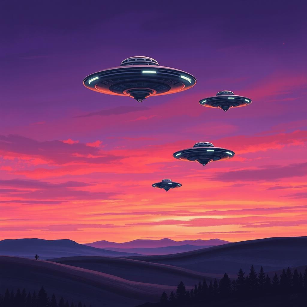 A beautifully drawn landscape featuring UFOs in the distance, hovering against a twilight sky filled with vibrant colors—deep purples, oranges, and pinks blending together