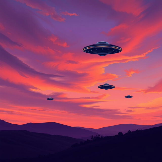 A beautifully drawn landscape featuring UFOs in the distance, hovering against a twilight sky filled with vibrant colors—deep purples, oranges, and pinks blending together