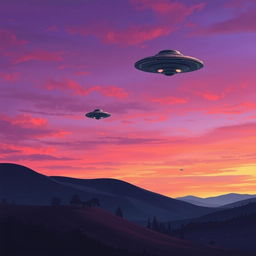 A beautifully drawn landscape featuring UFOs in the distance, hovering against a twilight sky filled with vibrant colors—deep purples, oranges, and pinks blending together