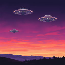A beautifully drawn landscape featuring UFOs in the distance, hovering against a twilight sky filled with vibrant colors—deep purples, oranges, and pinks blending together