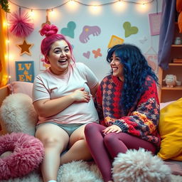 A playful and light-hearted scene between two young women, both 18 years old, sitting together in a cozy, colorful bedroom filled with fun decorations