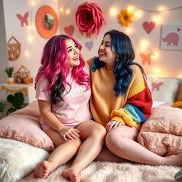 A playful and light-hearted scene between two young women, both 18 years old, sitting together in a cozy, colorful bedroom filled with fun decorations