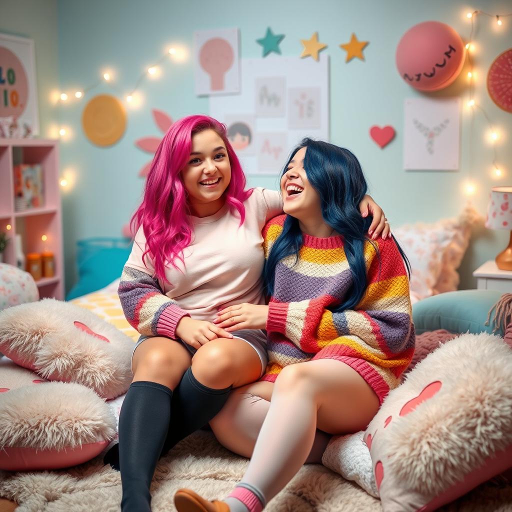 A playful and light-hearted scene between two young women, both 18 years old, sitting together in a cozy, colorful bedroom filled with fun decorations