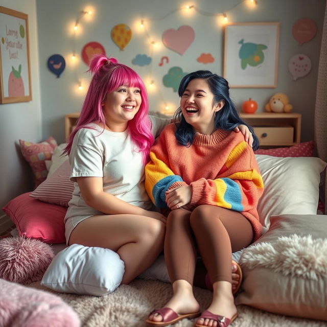 A playful and light-hearted scene between two young women, both 18 years old, sitting together in a cozy, colorful bedroom filled with fun decorations