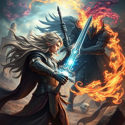 A male hero with flowing hair engaged in a dramatic battle against a dark version of himself in a fantastical realm
