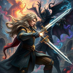 A male hero with flowing hair engaged in a dramatic battle against a dark version of himself in a fantastical realm