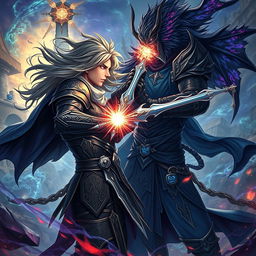 A male hero with flowing hair engaged in a dramatic battle against a dark version of himself in a fantastical realm