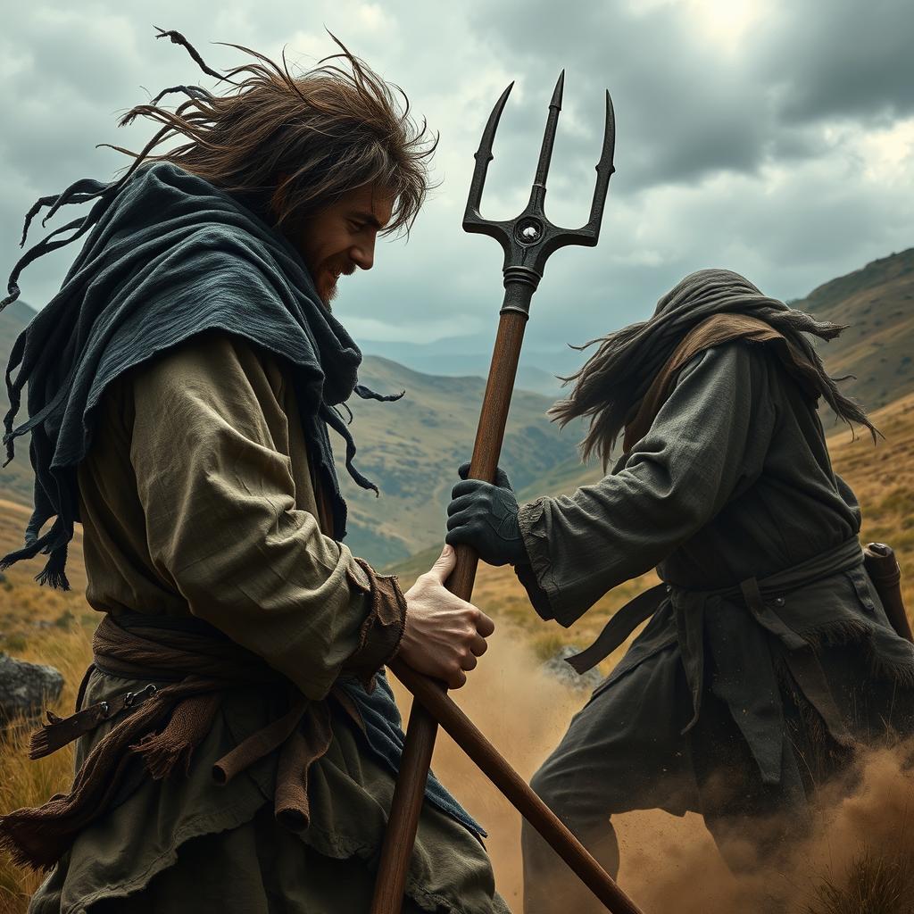 A male peasant in rugged clothing, representing the struggles of daily life, engaged in a fierce battle against his dark twin in a fantasy setting