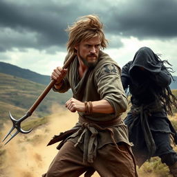 A male peasant in rugged clothing, representing the struggles of daily life, engaged in a fierce battle against his dark twin in a fantasy setting