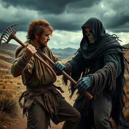 A male peasant in rugged clothing, representing the struggles of daily life, engaged in a fierce battle against his dark twin in a fantasy setting