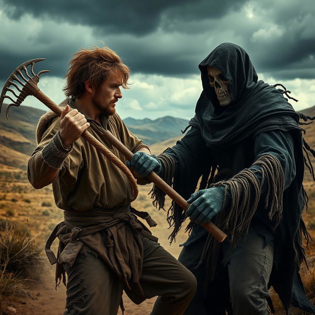 A male peasant in rugged clothing, representing the struggles of daily life, engaged in a fierce battle against his dark twin in a fantasy setting