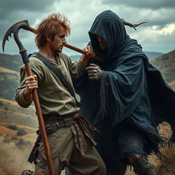 A male peasant in rugged clothing, representing the struggles of daily life, engaged in a fierce battle against his dark twin in a fantasy setting