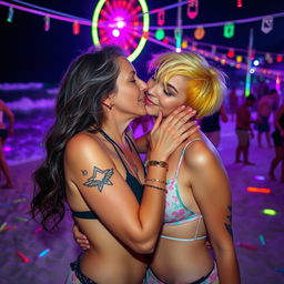 A mature Israeli woman passionately kissing her 20-year-old girlfriend during a vibrant rave party on the beach at night