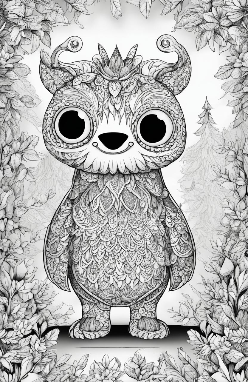 A high-quality black and white digital drawing, designed as a coloring page, featuring a charming and whimsical monster in the style of Johanna Basford