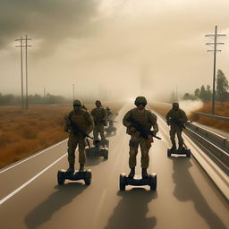 aerial view 10 combatants, in military camouflage, flying on hover-boards in the sky, next to a  one-lane freeway, all combatants are armed with assault rifles and clad in skeleton face mask and normal bullet proof vests