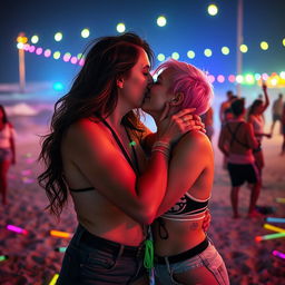 A mature Israeli woman passionately kissing her 20-year-old girlfriend during a vibrant rave party on the beach at night