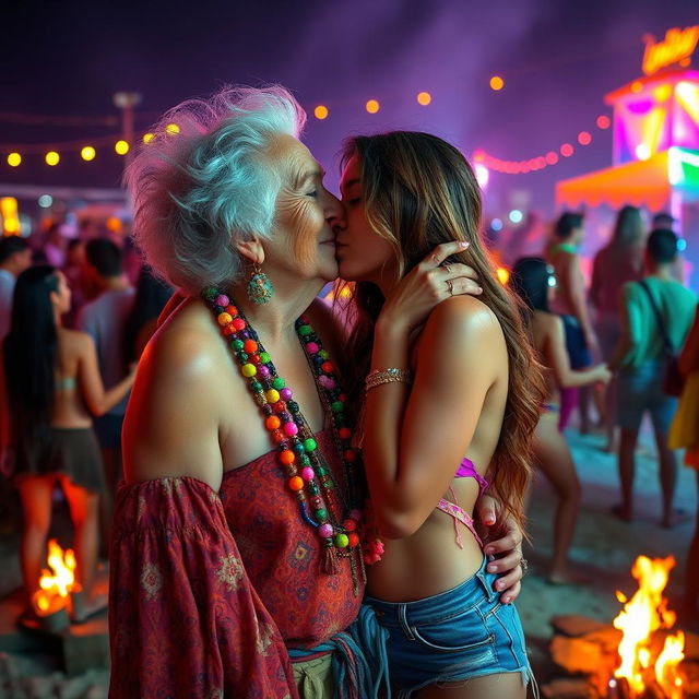 An Italian grandmother, with a warm smile and sparkling eyes, passionately kisses her young girlfriend in a vibrant, colorful scene at a beach rave party