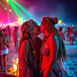 An Italian grandmother, with a warm smile and sparkling eyes, passionately kisses her young girlfriend in a vibrant, colorful scene at a beach rave party