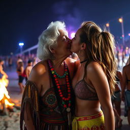 An Italian grandmother, with a warm smile and sparkling eyes, passionately kisses her young girlfriend in a vibrant, colorful scene at a beach rave party