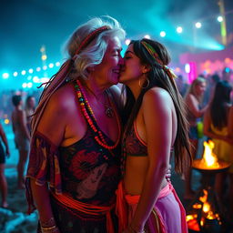 An Italian grandmother, with a warm smile and sparkling eyes, passionately kisses her young girlfriend in a vibrant, colorful scene at a beach rave party