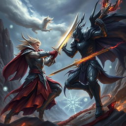 A male hero in elaborate fantasy armor, engaged in a fierce battle against a dark version of himself