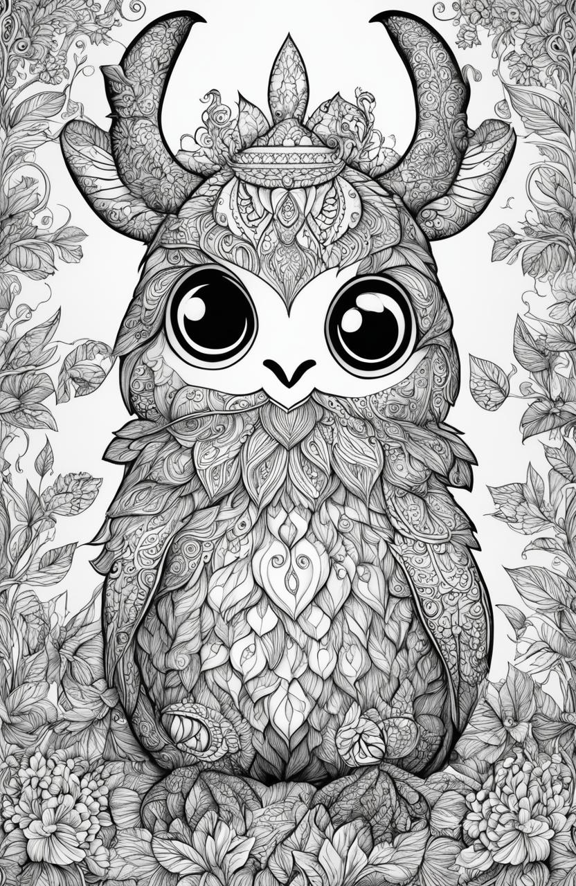 A high-quality black and white digital drawing, designed as a coloring page, featuring a charming and whimsical monster in the style of Johanna Basford